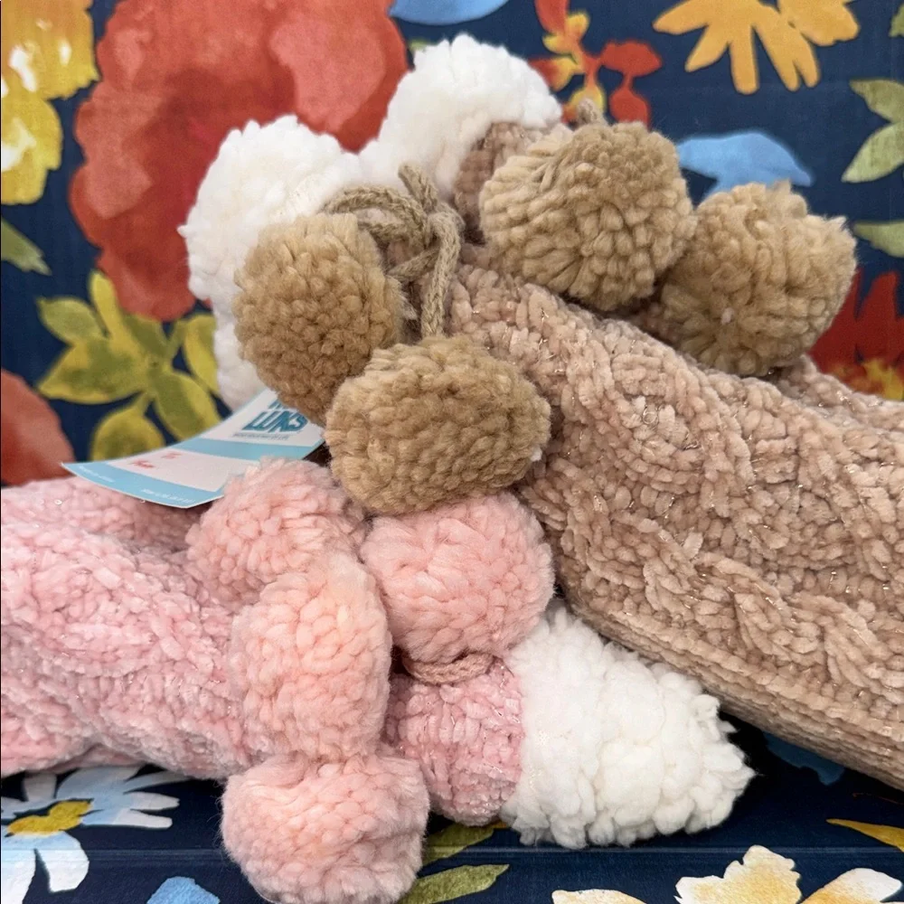 Muk Luks Pink and Tan Fuzzy Slipper Socks Lot of 2
